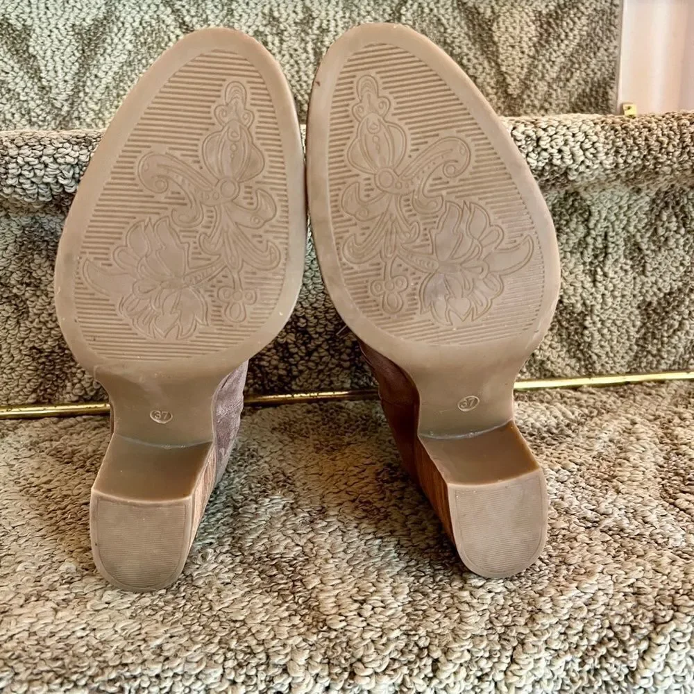 Bos. & Co. Celine Suede Open Peep Toe Boots Bootie in Taupe Size 37 or 7 EEUC